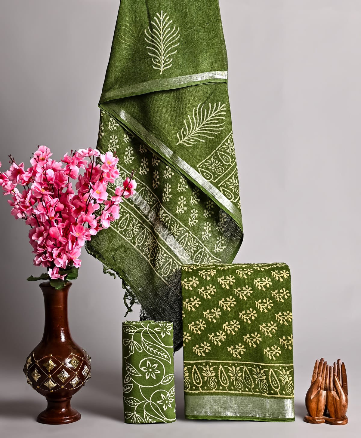 Linen Festivewear Unstitched suit-Dark green