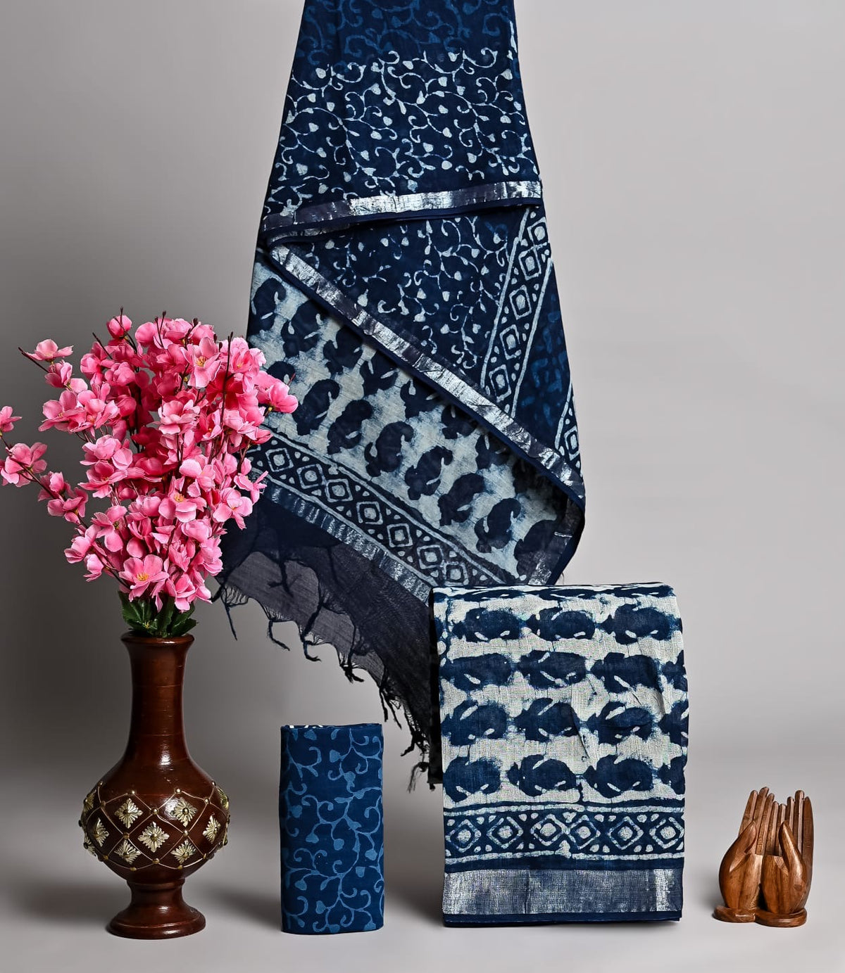Linen Festivewear Unstitched suit-Dark blue