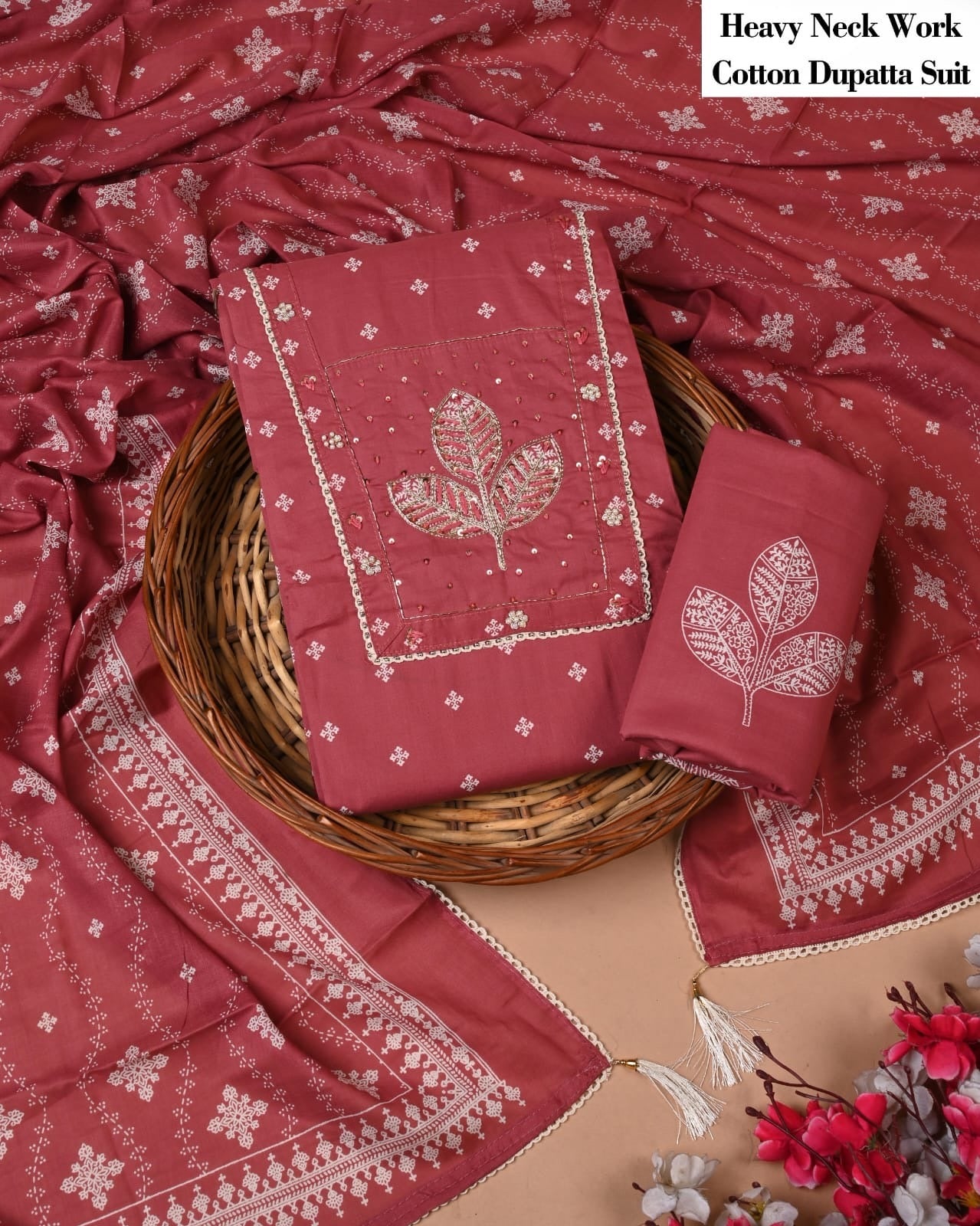 Festive Cotton Unstitched Suit-Dark Red (ST40)