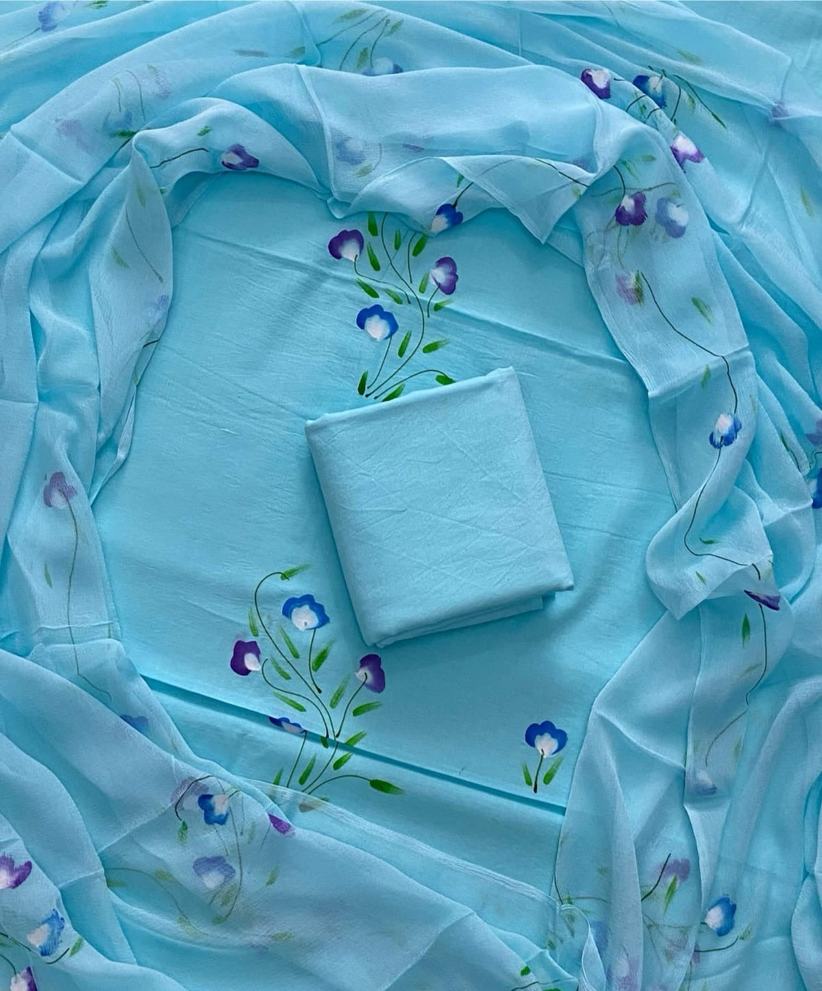 Hand Painted floral Cotton Unstitched Suit-Sky Blue (ST30)