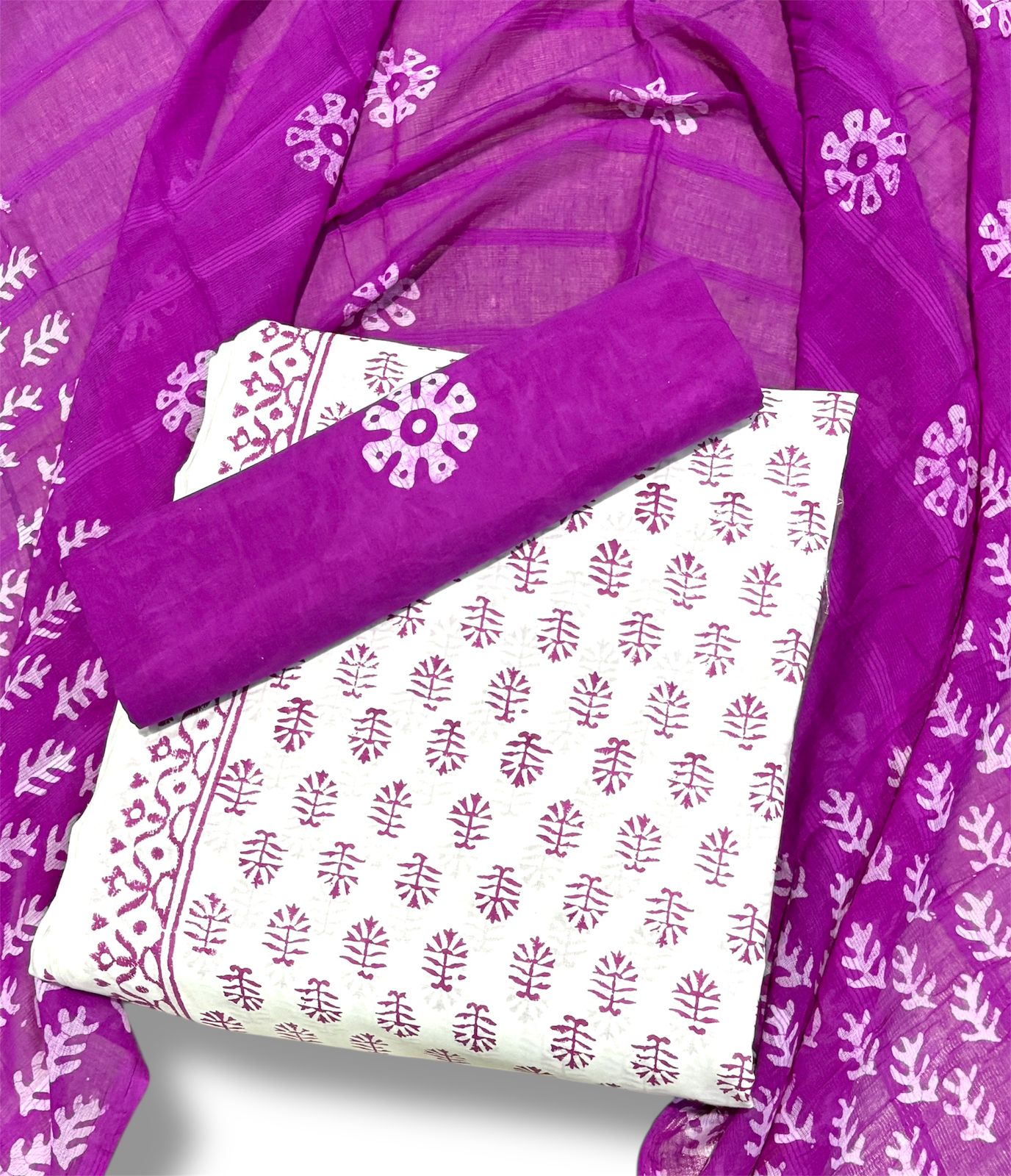 Batik Cotton Unstitched suit-white n purple