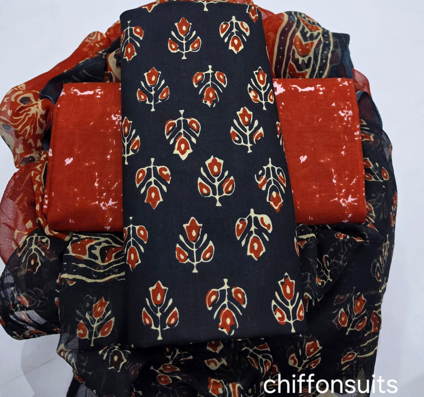 Batik Cotton Unstitched Suit-Black Red