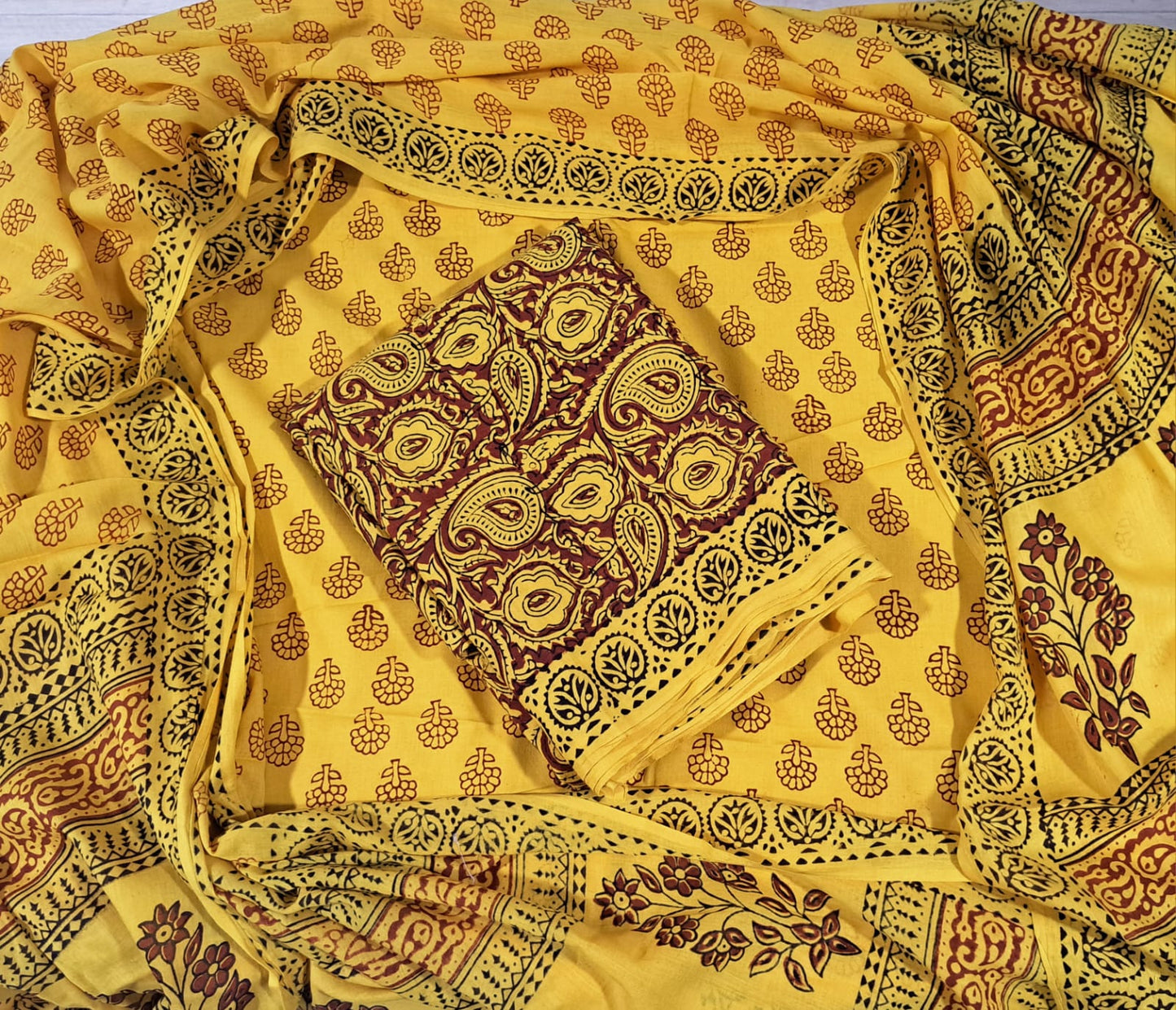 Handblock Cotton Unstitched suit-Red n Yellow (AD09)
