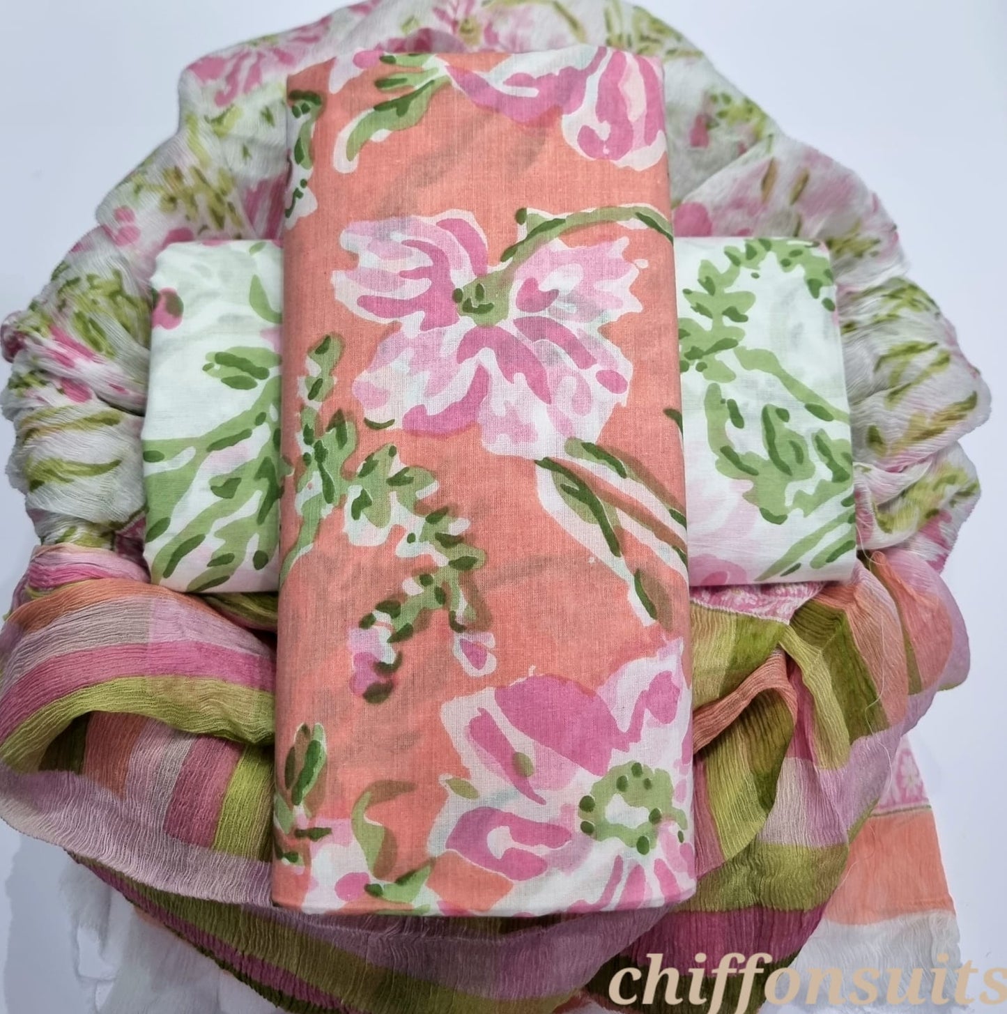 Handblock Cotton Floral Unstitched Suit-Peach (ST32)