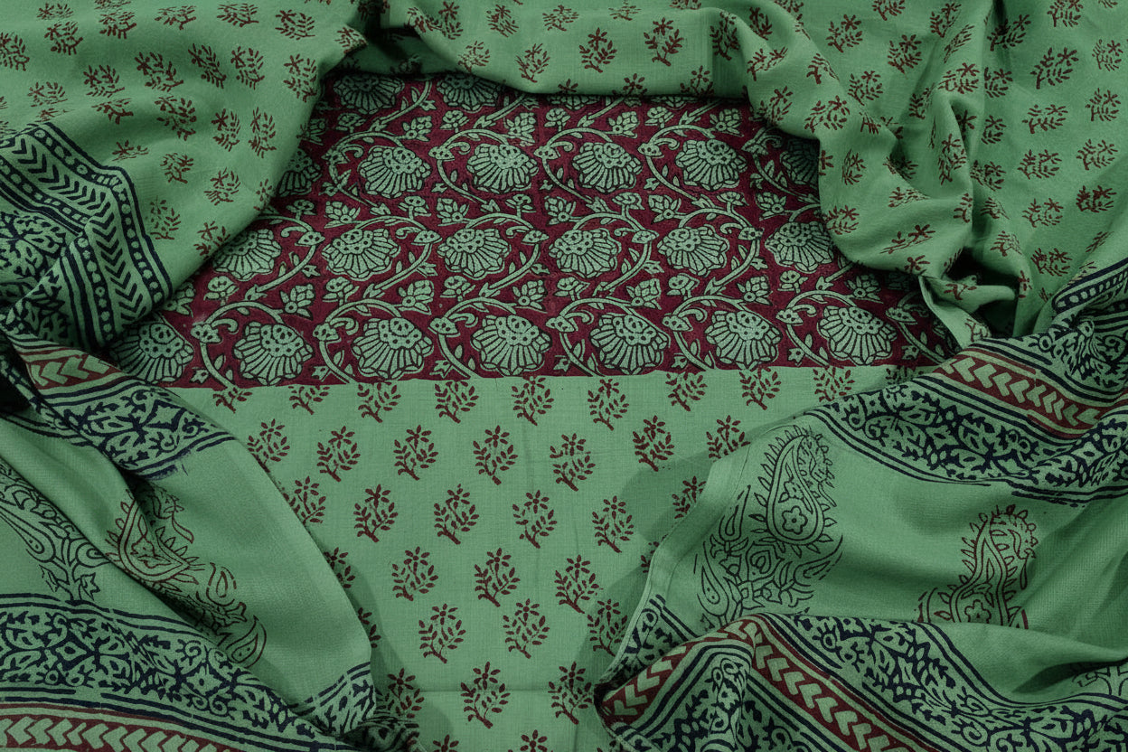 Handblock Cotton Unstitched suit-DarkGreen (AD10)