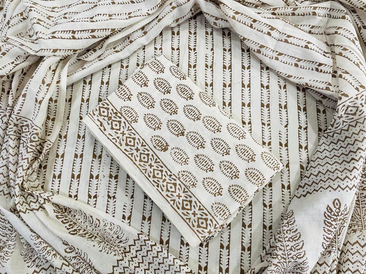 Handblock Cotton Unstitched suit-Off White (AT09)