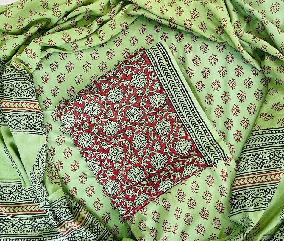 Handblock Cotton Unstitched suit-DarkGreen (AT01)