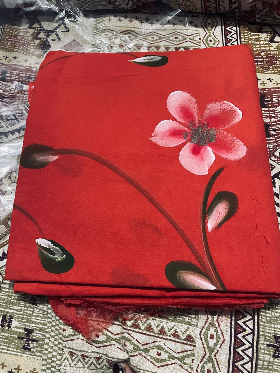 Hand Painted Floral Unstitched suit-Red (ST41)