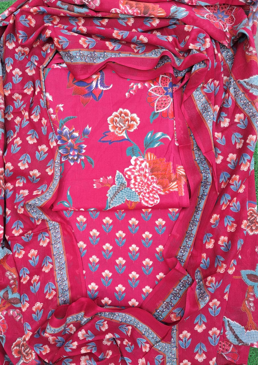 Handblock Cotton Unstitched suit-Dark Pink
