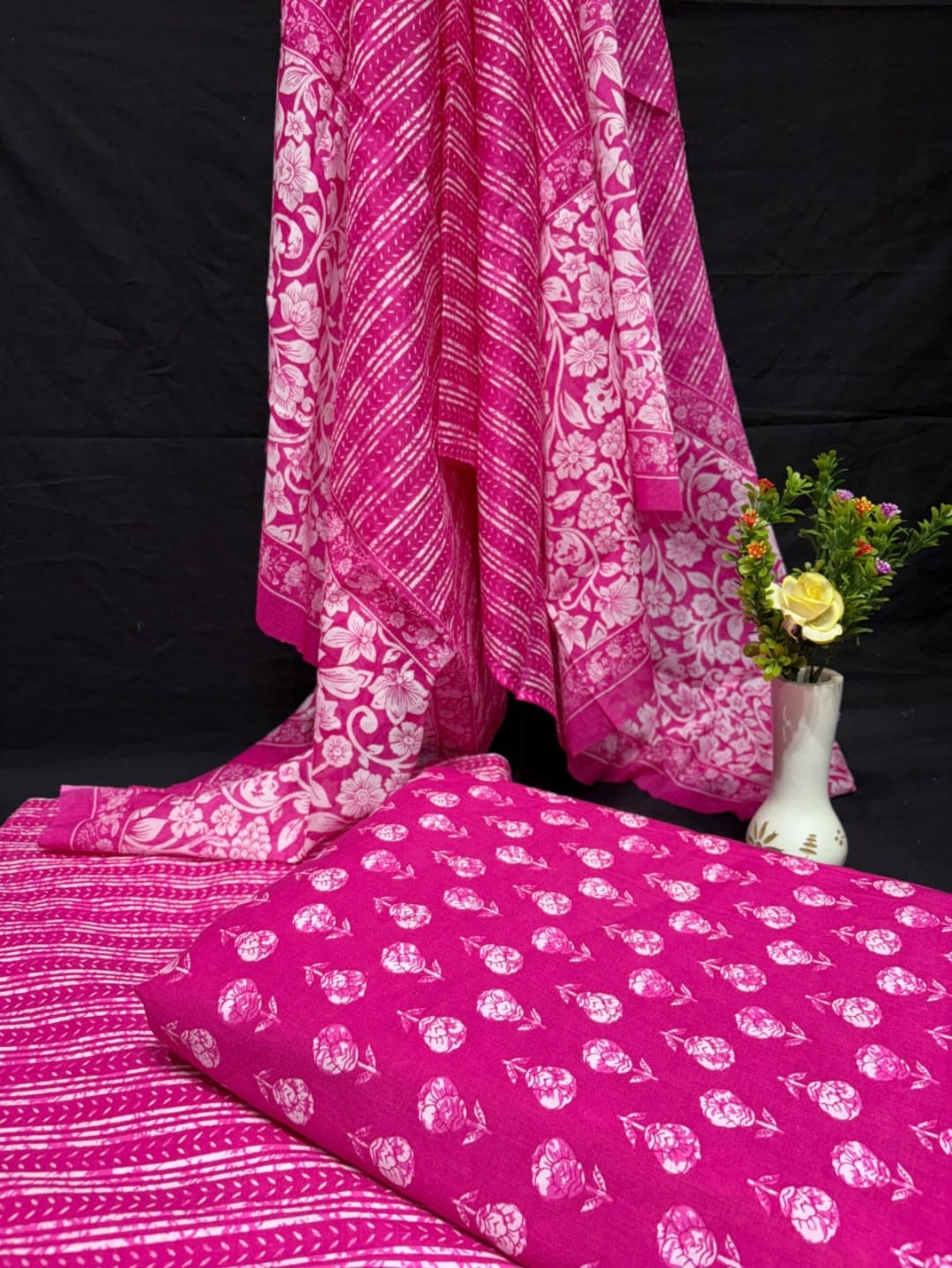 Handblock Cotton Unstitched suit-Rani Pink