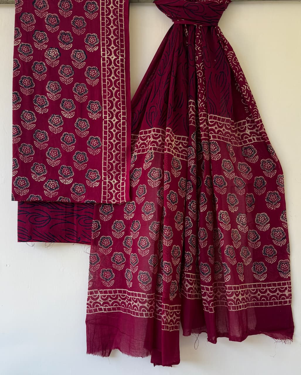 Handblock Cotton Unstitched suit-Maroon
