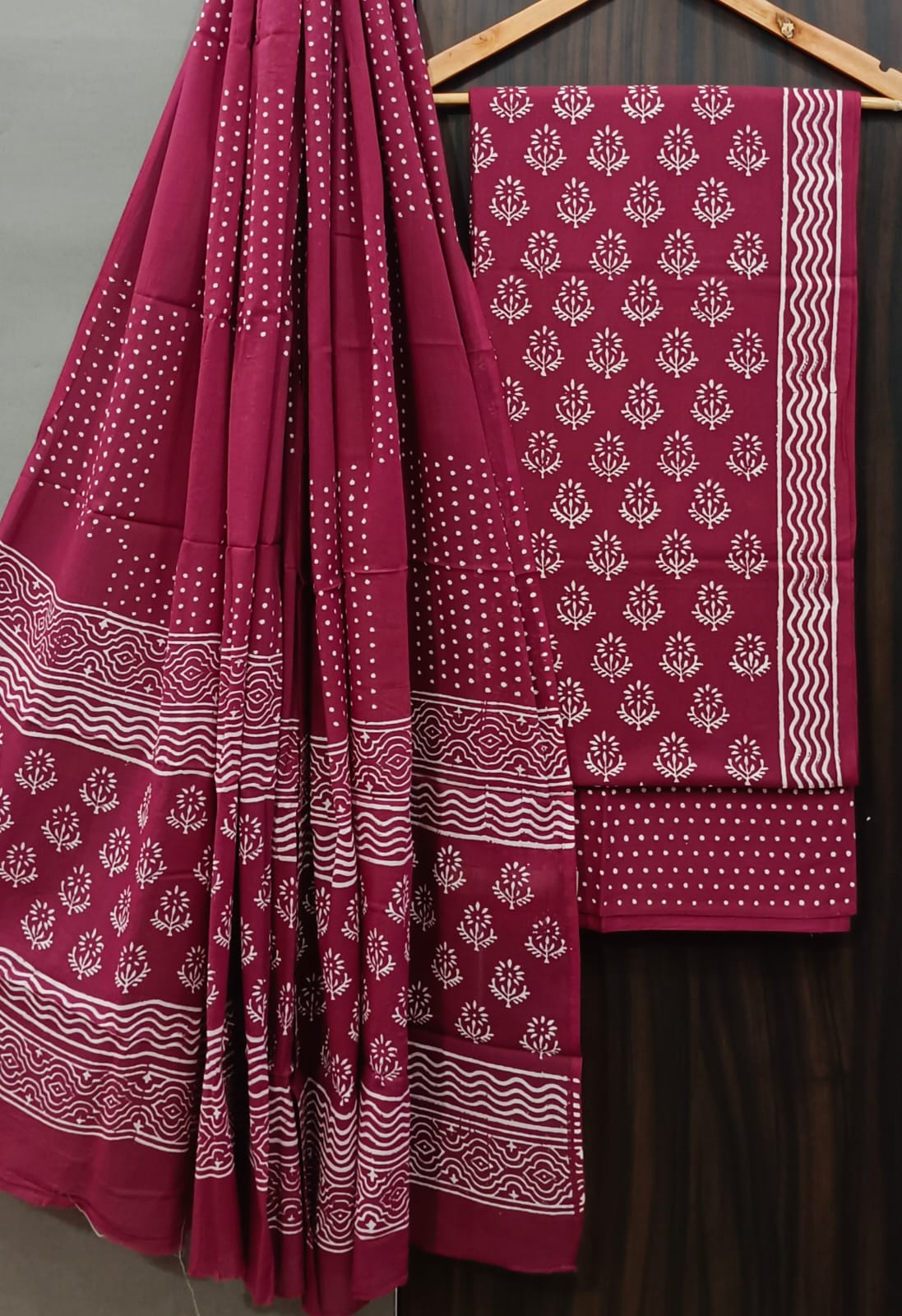 Handblock Cotton Unstitched suit-Maroon