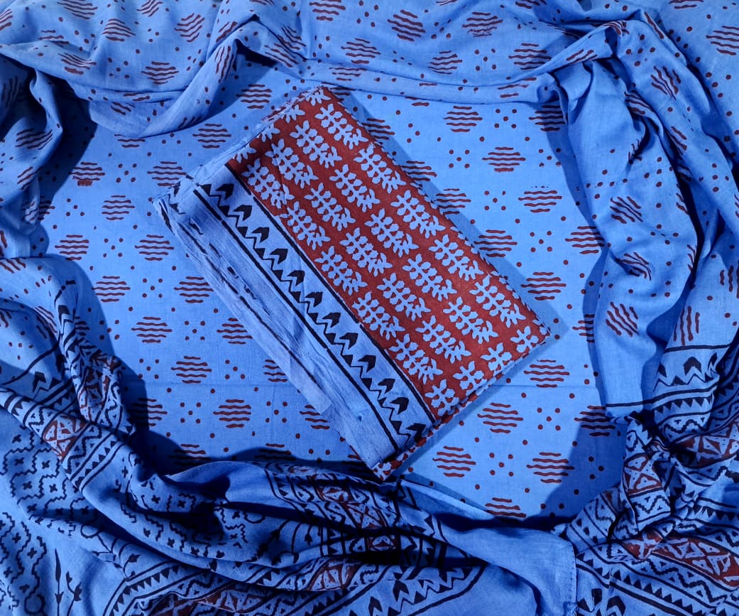 Handblock Cotton Unstitched suit-Blue (AD07)