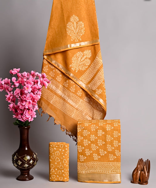 Linen Festivewear Unstitched suit-yellow & white