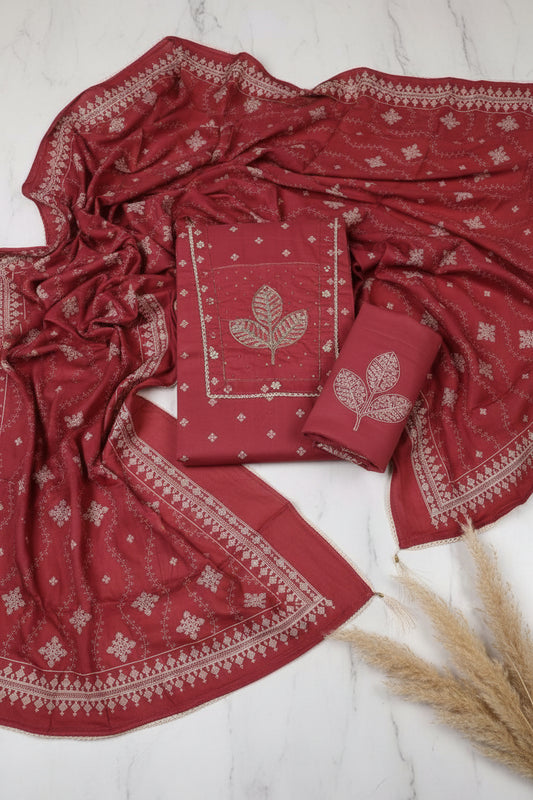 Festive Cotton Unstitched Suit-Dark Red (ST40)