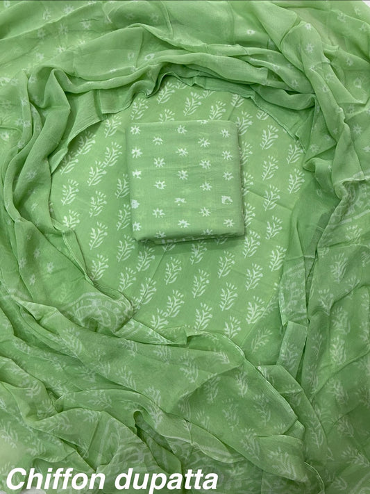 Handblock Cotton Unstitched Suit-Light Green (ST35)