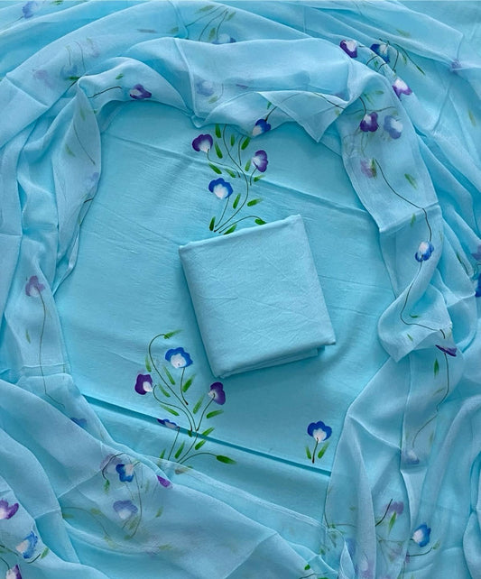 Hand Painted floral Cotton Unstitched Suit-Sky Blue (ST30)