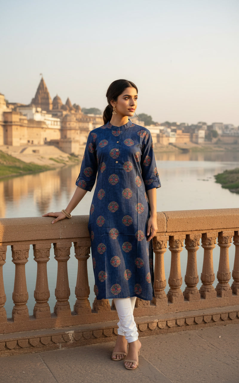 Ikshita Cotton Straight Kurta-Dark Blue