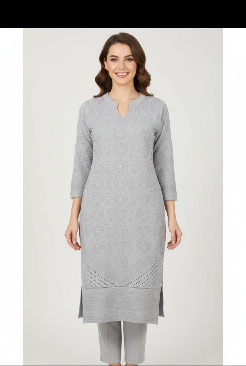 Shama Woolen Kurti-Light Grey