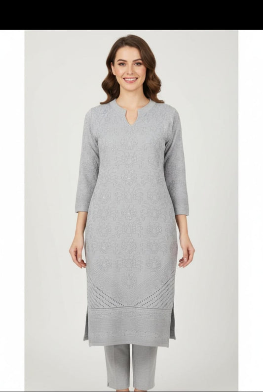 Shama Woolen Kurti-Light Grey