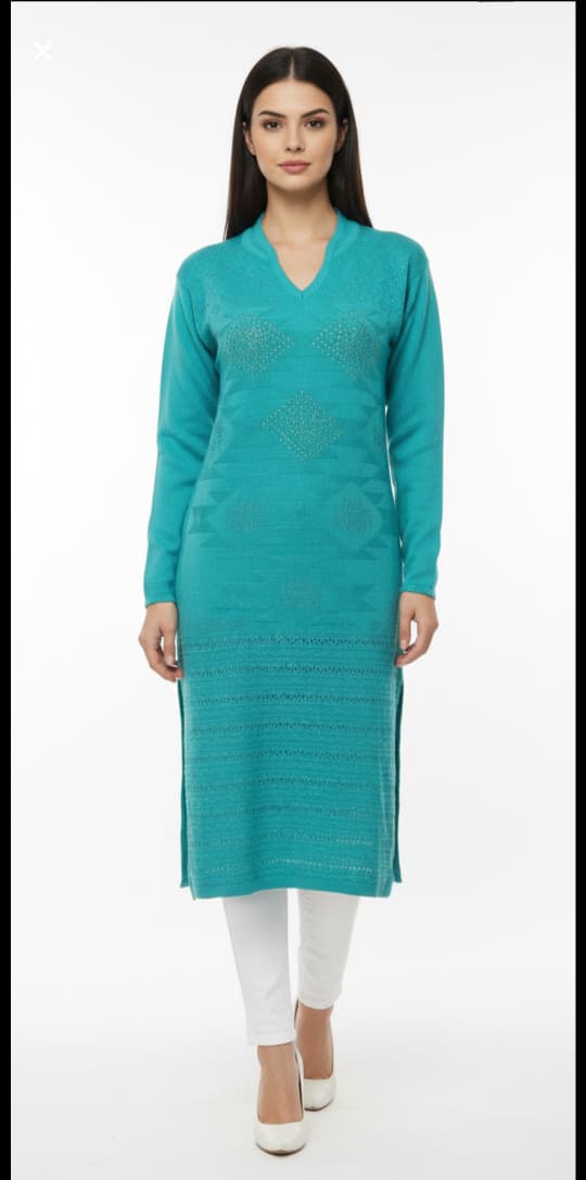 Shama Woolen Kurti-Firozi Green