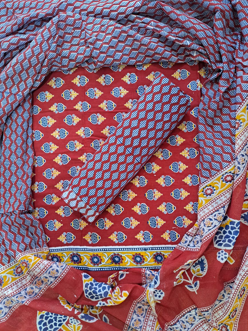 Handblock Cotton Unstitched suit-Red (AJ16)