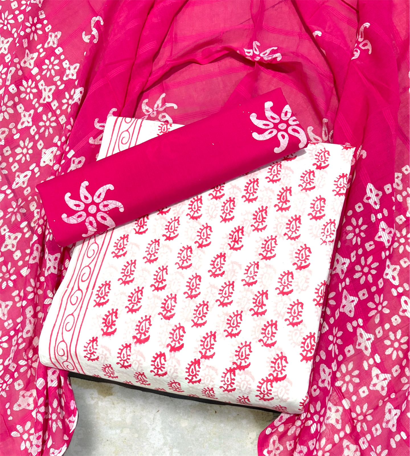 Batik Cotton Unstitched suit-white n pink