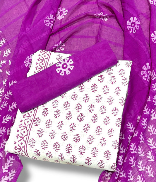 Batik Cotton Unstitched suit-white n purple