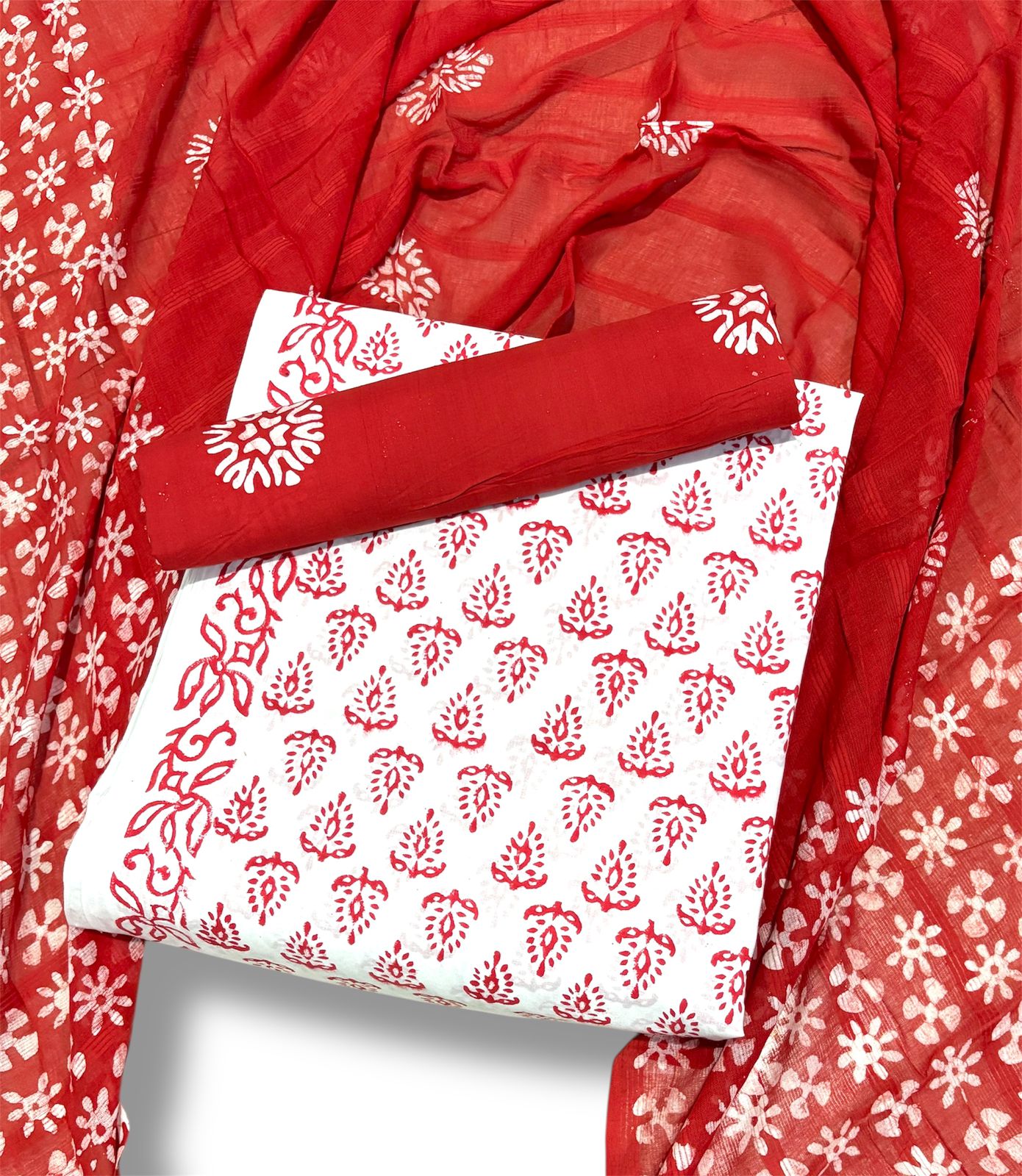 Batik Cotton Unstitched suit-white n red