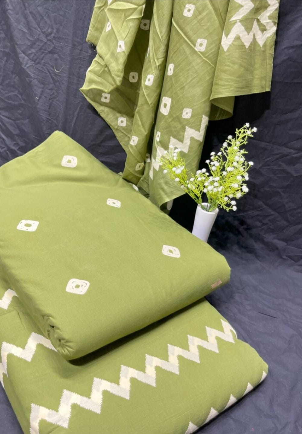 Handblock Cotton Unstitched suit-Dark Green