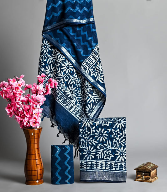 Linen Festivewear Unstitched suit-Dark blue