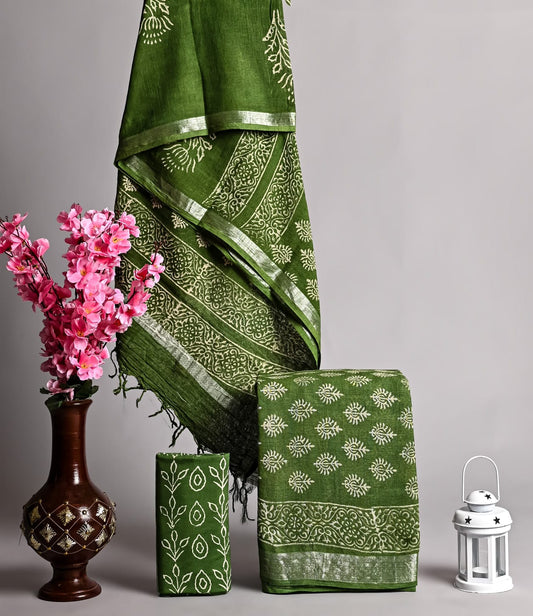 Linen Festivewear Unstitched suit-Dark green