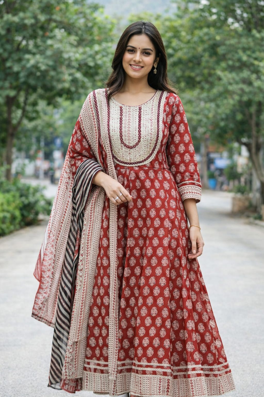 Avantika Anarkali Suit Set-Brick Red