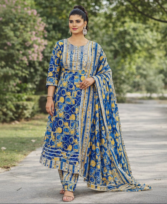 Avantika Anarkali Suit Set-Blue & yellow