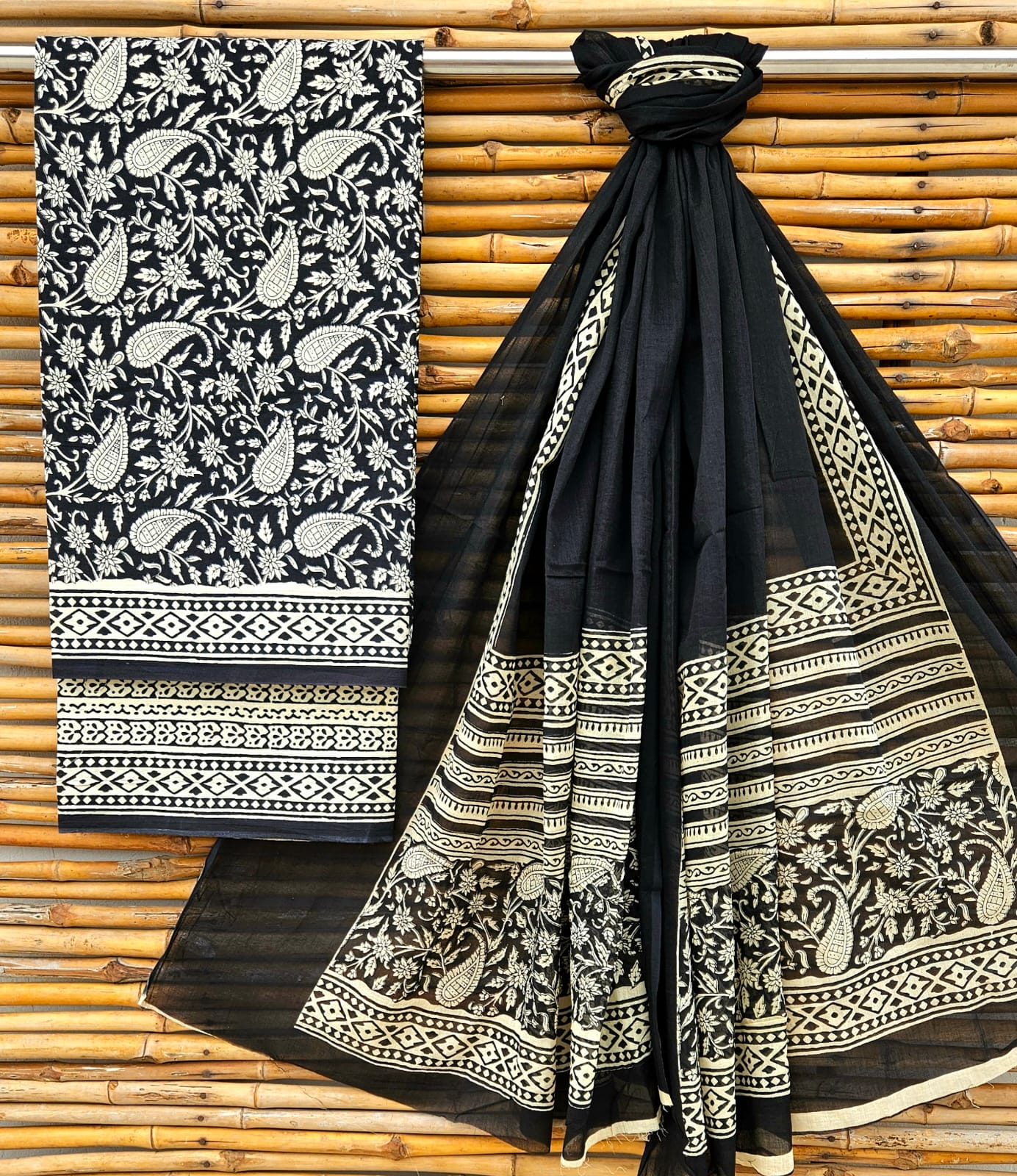 Handblock Cotton Unstitched suit-black n white