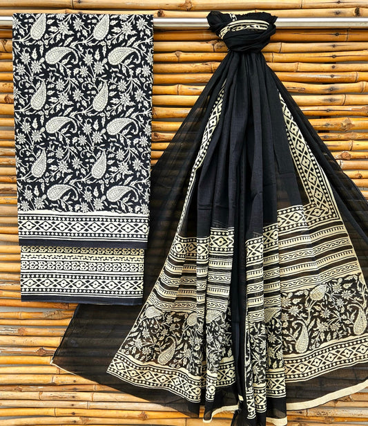 Handblock Cotton Unstitched suit-black n white