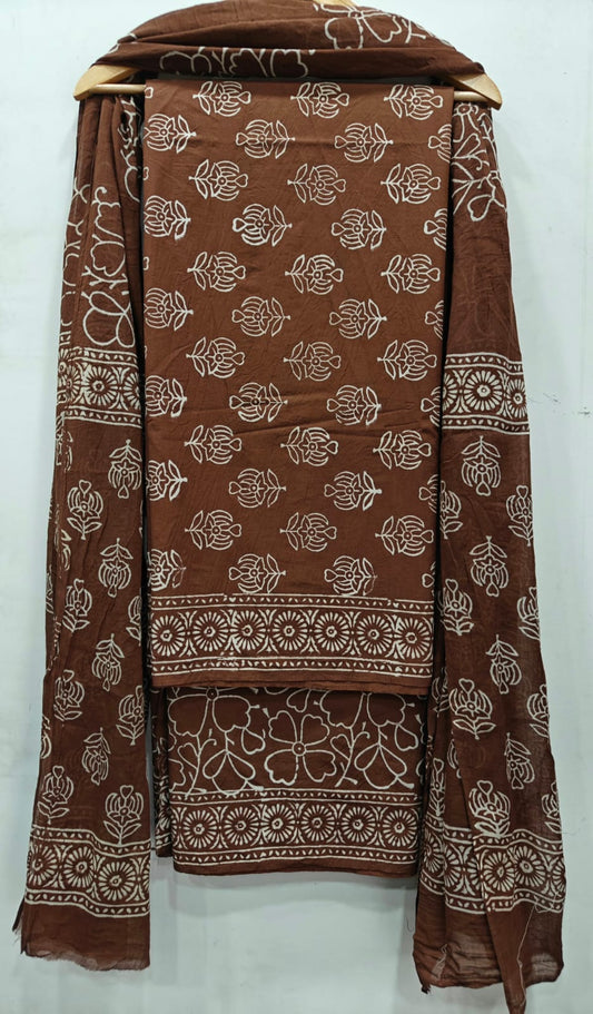 Handblock Cotton Unstitched suit-Dark brown