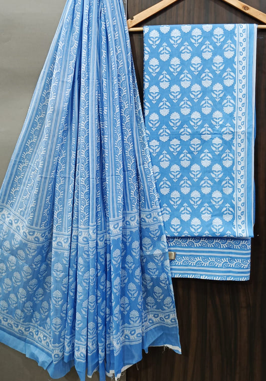 Handblock Cotton Unstitched suit-Light Blue