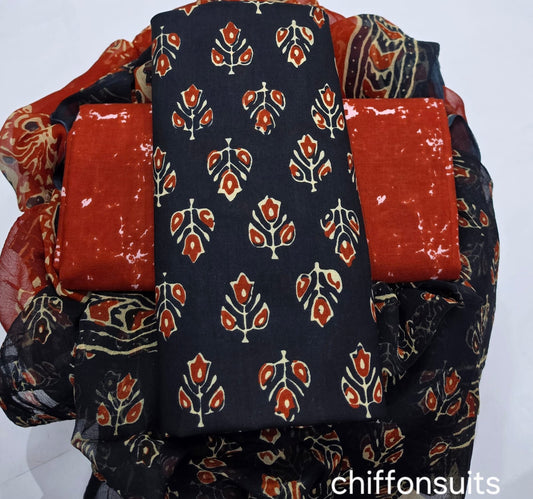 Batik Cotton Unstitched Suit-Black Red