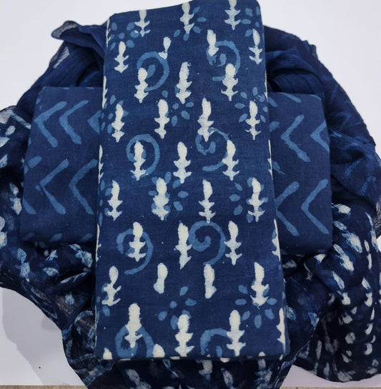 Batik Cotton Unstitched Suit-Dark blue