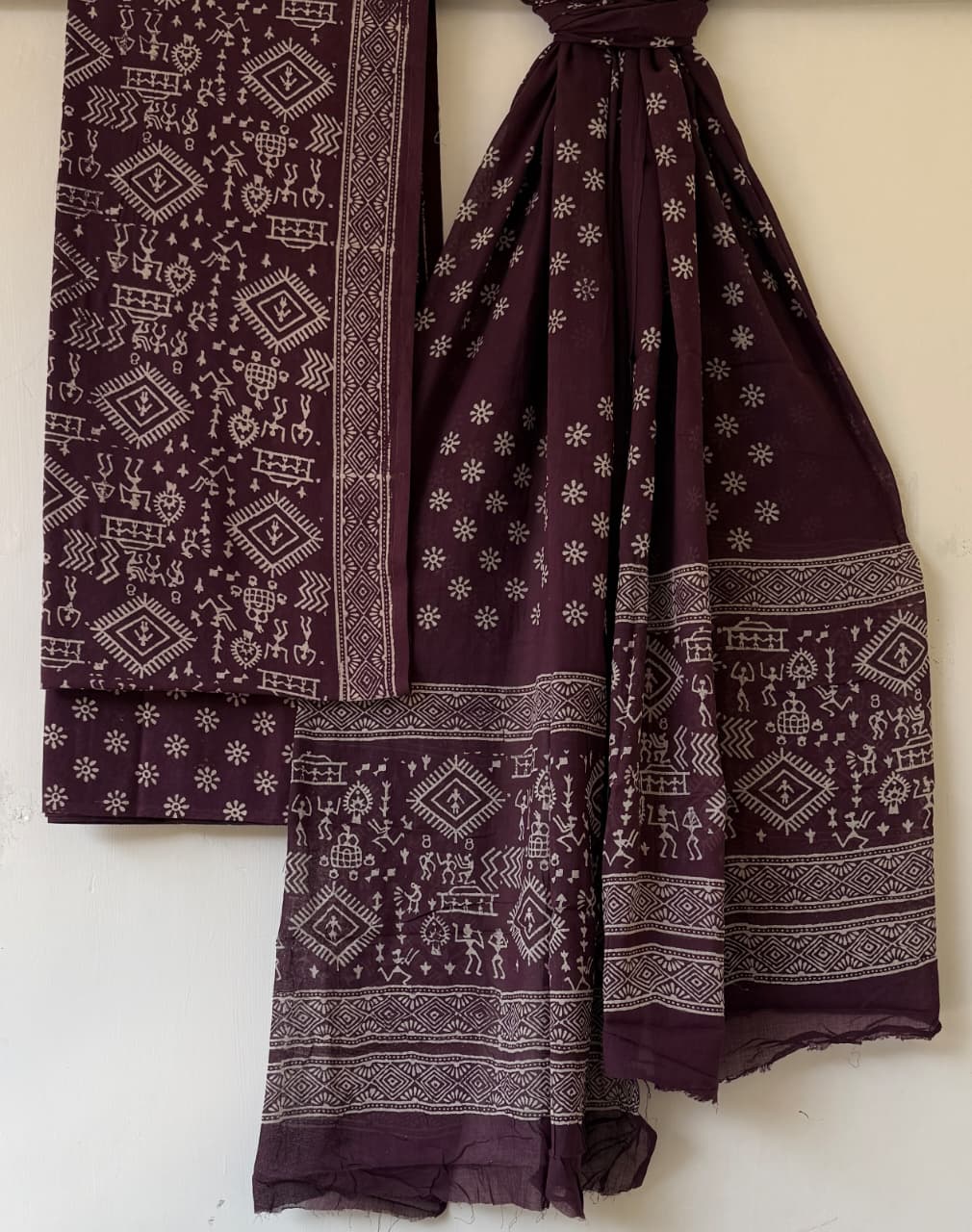 Handblock Cotton Unstitched suit-Maroon