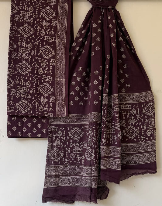 Handblock Cotton Unstitched suit-Maroon