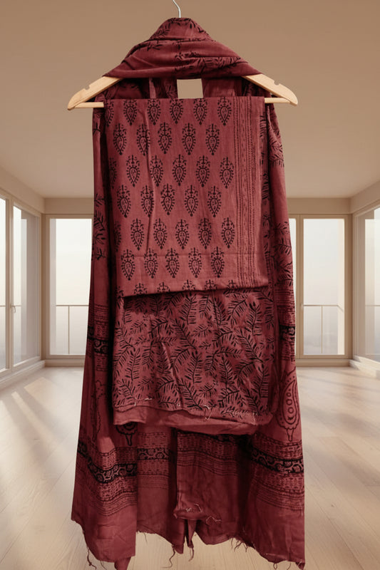 Handblock Cotton Unstitched suit-Maroon (AT02)