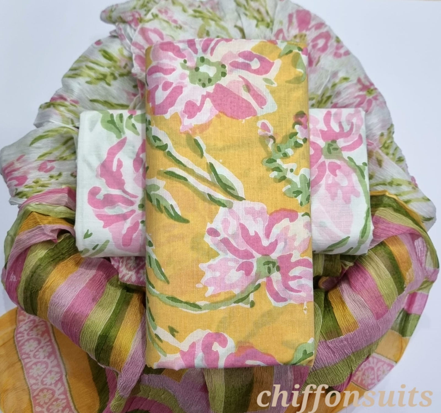 Handblock Cotton Floral Print Unstitched Suit-Yellow (ST31)