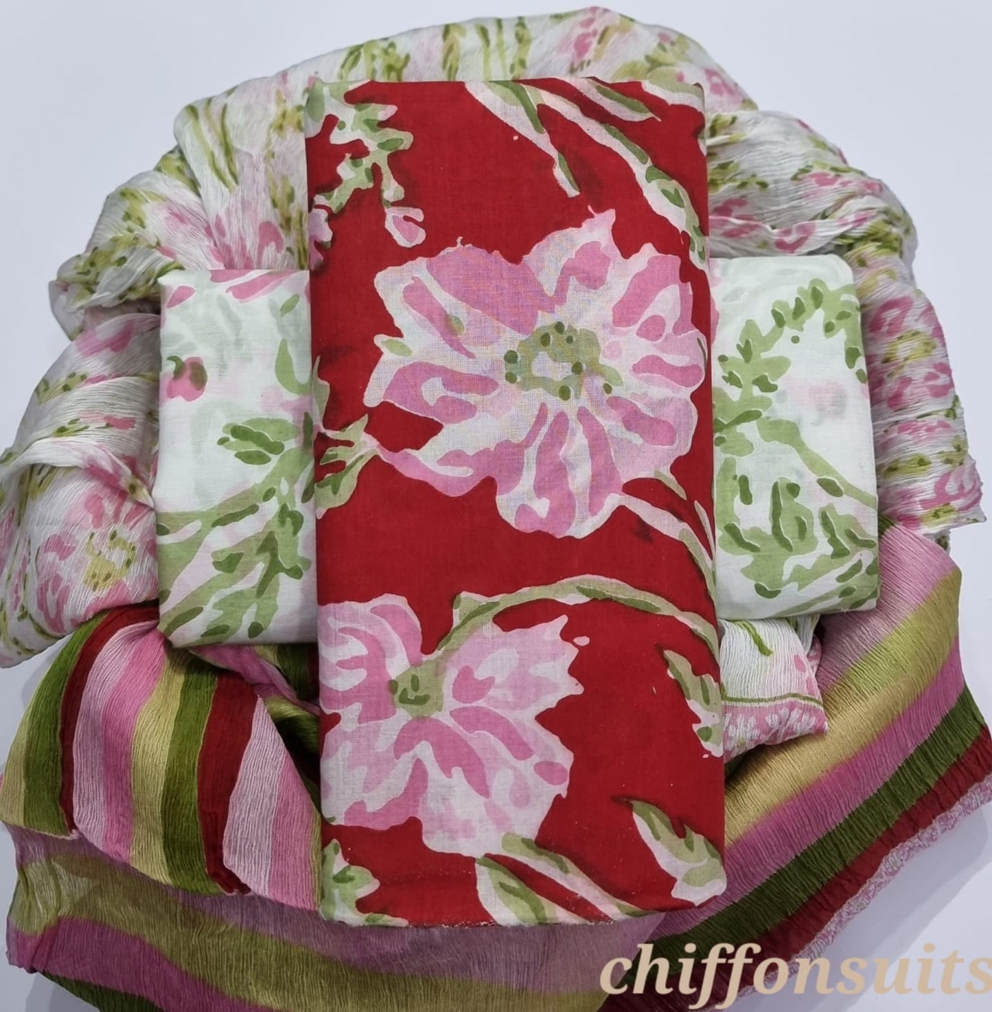Handblock Cotton Floral Unstitched suit-Red (ST33)