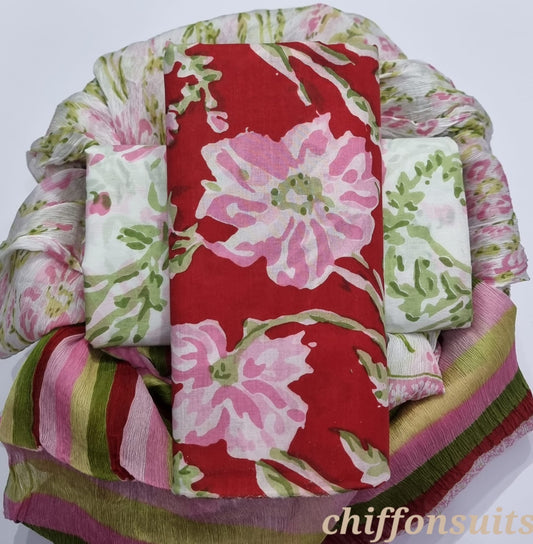 Handblock Cotton Floral Unstitched suit-Red (ST33)