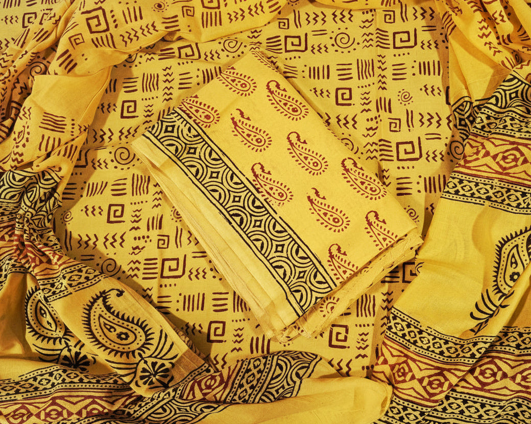 Handblock Cotton Unstitched suit-Yellow (AT05)