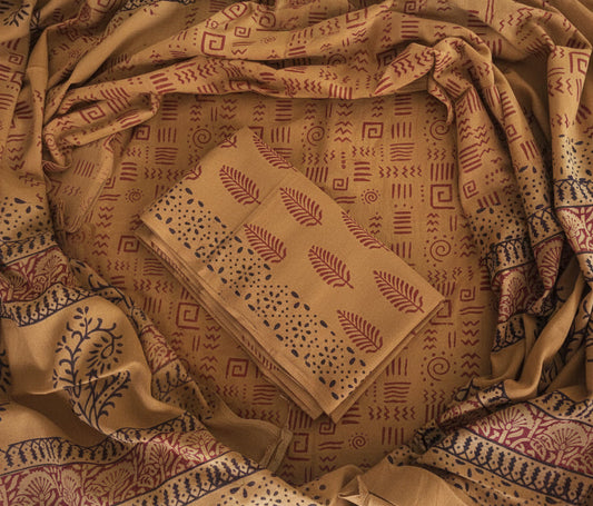 Handblock Cotton Unstitched suit-Light Brown(AT04)