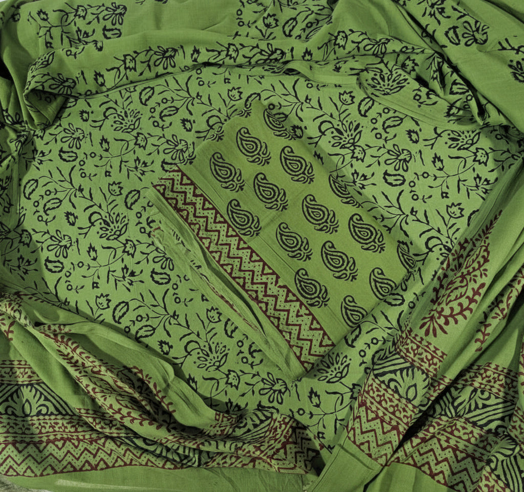 Handblock Cotton Unstitched suit-Green(AT10)