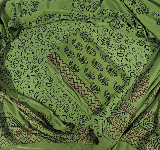 Handblock Cotton Unstitched suit-Green(AT10)